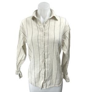 Stradivarius White Black Linen Striped Long Sleeve Button Down Shirt Top Size M